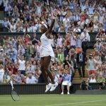 
              FILE - United States' Cori "Coco" Gauff celebrates after beating Slovenia's Polona Hercog in a Women's singles match during day five of the Wimbledon Tennis Championships in London, Friday, July 5, 2019. (AP Photo/Ben Curtis, File)
            