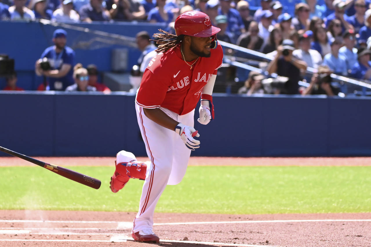 Toronto Blue Jays first baseman Vladimir Guerrero Jr runs out a single during the first inning of a...