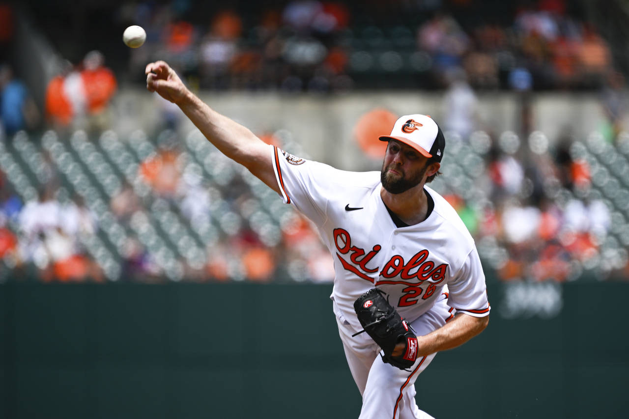 Baltimore Orioles starting pitcher Jordan Lyles throws during the second inning of a baseball game ...