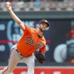 
              Baltimore Orioles starting pitcher Jordan Lyles throws to the Minnesota Twins in the first inning of a baseball game Saturday, July 2, 2022, in Minneapolis. (AP Photo/Bruce Kluckhohn)
            