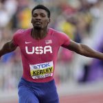
              Fred Kerley, of the United States, wins the final in the men's 100-meter run at the World Athletics Championships on Saturday, July 16, 2022, in Eugene, Ore. (AP Photo/Ashley Landis)
            