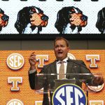 
              Tennessee head coach Josh Heupel speaks during NCAA college football Southeastern Conference Media Days in Atlanta, Thursday, July 21, 2022. (Curtis Compton/Atlanta Journal-Constitution via AP)
            