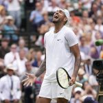 
              Australia's Nick Kyrgios celebrates after beating Brandon Nakashima of the US in a men's singles fourth round match on day eight of the Wimbledon tennis championships in London, Monday, July 4, 2022. (AP Photo/Alberto Pezzali)
            
