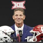 
              Oklahoma head coach Brent Venables speaks to reporters at the NCAA college football Big 12 media days in Arlington, Texas, Thursday, July 14, 2022. (AP Photo/LM Otero)
            