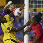 
              Jamaica's goalkeeper Rebecca Spencer, back, punches the ball next to teammate Vyan Sampson, center, and Canada's Kadeisha Buchanan during a CONCACAF Women's Championship soccer semifinal match in Monterrey, Mexico, Thursday, July 14, 2022. (AP Photo/Fernando Llano)
            