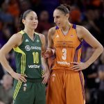 
              FILE - Phoenix Mercury guard Diana Taurasi (3) talks with Seattle Storm guard Sue Bird (10) during the second half of a single-game WNBA basketball playoff matchup, Wednesday, Sept. 6, 2017, in Tempe, Ariz. Seattle's Sue Bird and Mercury star Diana Taurasi share the court perhaps for the last time in a WNBA clash in Phoenix, Friday, July 22, 2022. (AP Photo/Matt York)
            