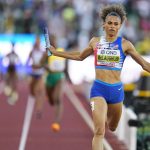 
              Sydney Mclaughlin, of the United States, wins the women's 4x400-meter relay final at the World Athletics Championships on Sunday, July 24, 2022, in Eugene, Ore. (AP Photo/Ashley Landis)
            