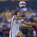 
              United States' Alex Morgan (13) and Costa Rica's Mariana Benavides fight for the ball during a CONCACAF Women's Championship soccer semifinal match in Monterrey, Mexico, Thursday, July 14, 2022. (AP Photo/Fernando Llano)
            