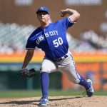 
              Kansas City Royals pitcher Kris Bubic throws against the Detroit Tigers in the first inning of a baseball game in Detroit, Saturday, July 2, 2022. (AP Photo/Paul Sancya)
            