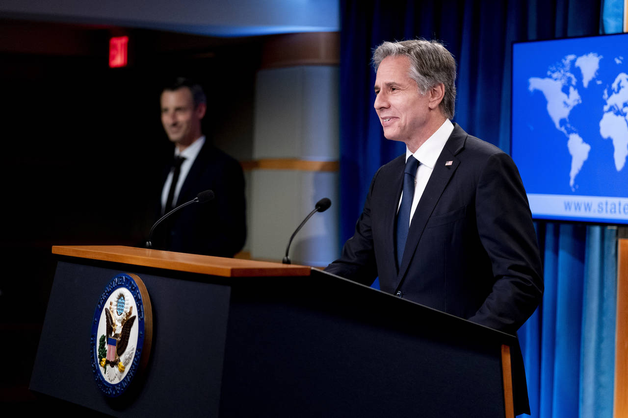 Secretary of State Antony Blinken speaks at a news conference, Wednesday, July 27, 2022 at the Stat...