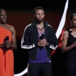 
              WNBA player Nneka Ogwumike of the Los Angeles Sparks, host Stephen Curry, and WNBA player Skylar Diggins-Smith of the Phoenix Mercury speak about Brittney Griner's detainment at the ESPY Awards on Wednesday, July 20, 2022, at the Dolby Theatre in Los Angeles. (AP Photo/Mark Terrill)
            