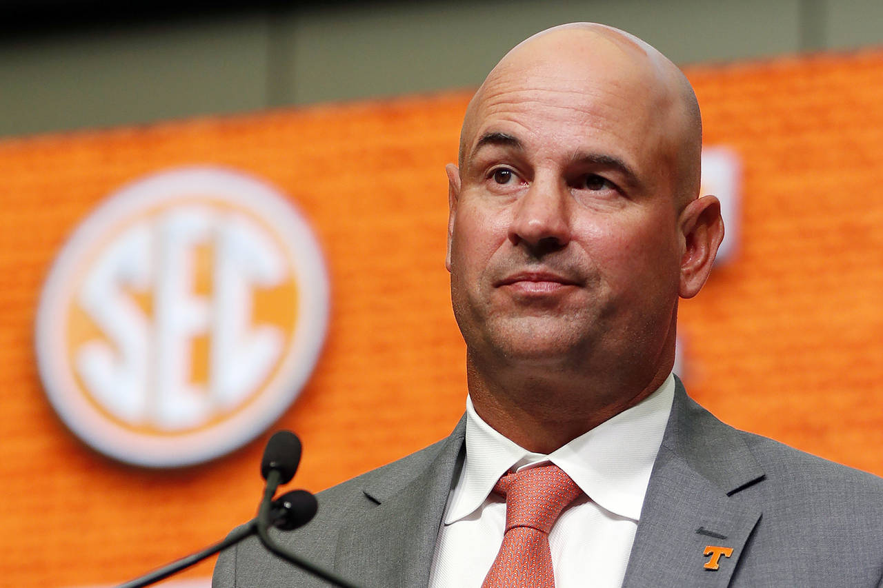 FILE - Then-Tennessee NCAA college football head coach Jeremy Pruitt speaks during Southeastern Con...