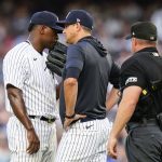 
              New York Yankees starting pitcher Luis Severino, left, talks to manager Aaron Boone during the second inning of the team's baseball game against the Cincinnati Reds on Wednesday, July 13, 2022, in New York. (AP Photo/Frank Franklin II)
            
