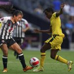 
              Costa Rica's Gabriela Guillen and Jamaica's Jody Brown fight for the ball during the CONCACAF Women's Championship soccer match for third place, in Monterrey, Mexico, Monday, July 18, 2022. (AP Photo/Fernando Llano)
            