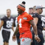 
              Cleveland Browns quarterback Deshaun Watson takes part in drills during the NFL football team's training camp, Wednesday, July 27, 2022, in Berea, Ohio. (AP Photo/Ron Schwane)
            
