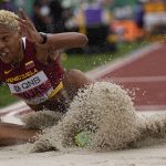 
              Yulimar Rojas, of Venezuela, competes during qualifying for the women's triple jump at the World Athletics Championships on Saturday, July 16, 2022, in Eugene, Ore. (AP Photo/David J. Phillip)
            
