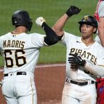 
              Pittsburgh Pirates' Cal Mitchell, right, celebrates with Bligh Madris after hitting a two-run home run off Philadelphia Phillies starting pitcher Zack Wheeler during the seventh inning of a baseball game in Pittsburgh, Thursday, July 28, 2022. (AP Photo/Gene J. Puskar)
            