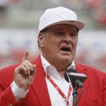 
              FILE -  Pete Rose speaks during a statue-dedication ceremony before a baseball game between the Cincinnati Reds and the Los Angeles Dodgers, June 17, 2017, in Cincinnati. Rose will make an appearance on the field in Philadelphia next month. Baseball’s career hits leader will be part of Phillies alumni weekend, and will be introduced on the field alongside many former teammates from the 1980 World Series championship team on Aug. 7.  (AP Photo/John Minchillo, File)
            