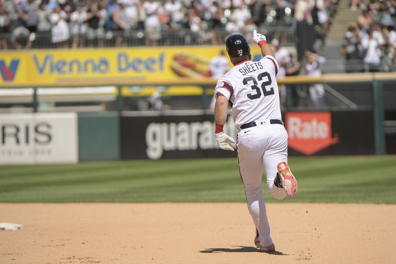 Chicago White Sox Gavin Sheets celebrates his home run against the Detroit Tigers during the sixth ...