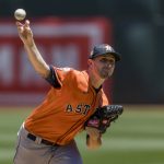 
              Houston Astros' Jake Odorizzi pitches against the Oakland Athletics during the first inning of a baseball game in Oakland, Calif., Sunday, July 10, 2022. (AP Photo/John Hefti)
            