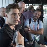 
              Juraj Slafkovsky, of Slovakia, speaks to reporters at the NHL Draft top hockey prospects media availability, Wednesday, July 6, 2022, in Montreal. (Ryan Remiorz/The Canadian Press via AP)
            