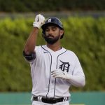 
              Detroit Tigers' Riley Greene pumps his fist after his double during the second inning of a baseball game against the Cleveland Guardians, Tuesday, July 5, 2022, in Detroit. (AP Photo/Carlos Osorio)
            