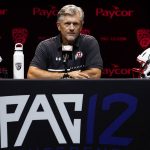 
              Utah head coach Kyle Whittingham speaks during Pac-12 Conference men's NCAA college football media day Friday, July 29, 2022, in Los Angeles. (AP Photo/Damian Dovarganes)
            