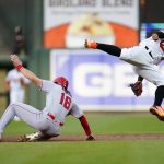 
              Los Angeles Angels' Brandon Marsh (16) steals second base as Baltimore Orioles second baseman Rougned Odor leaps over him while trying to catch an errant throw from catcher Adley Rutschman during the second inning of a baseball game, Thursday, July 7, 2022, in Baltimore. (AP Photo/Julio Cortez)
            