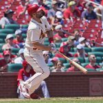 
              St. Louis Cardinals' Paul Goldschmidt watches his two-run home run during the second inning of a baseball game against the Cincinnati Reds Saturday, July 16, 2022, in St. Louis. (AP Photo/Jeff Roberson)
            