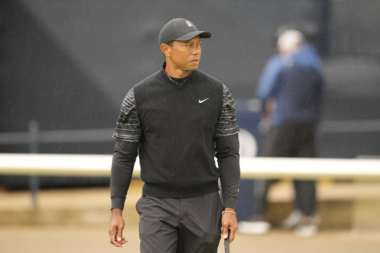 Tiger Woods of the US during a practice round at the British Open golf championship on the Old Cour...