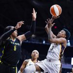 
              Indiana Fever guard Danielle Robinson (3) shoots over Dallas Wings forward Kayla Thornton (6) in the first half of a WNBA basketball game in Indianapolis, Sunday, July 24, 2022. (AP Photo/Michael Conroy)
            