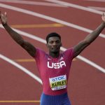 
              Fred Kerley, of the United States, celebrates after wining the final in the men's 100-meter run at the World Athletics Championships on Saturday, July 16, 2022, in Eugene, Ore. (AP Photo/Gregory Bull)
            