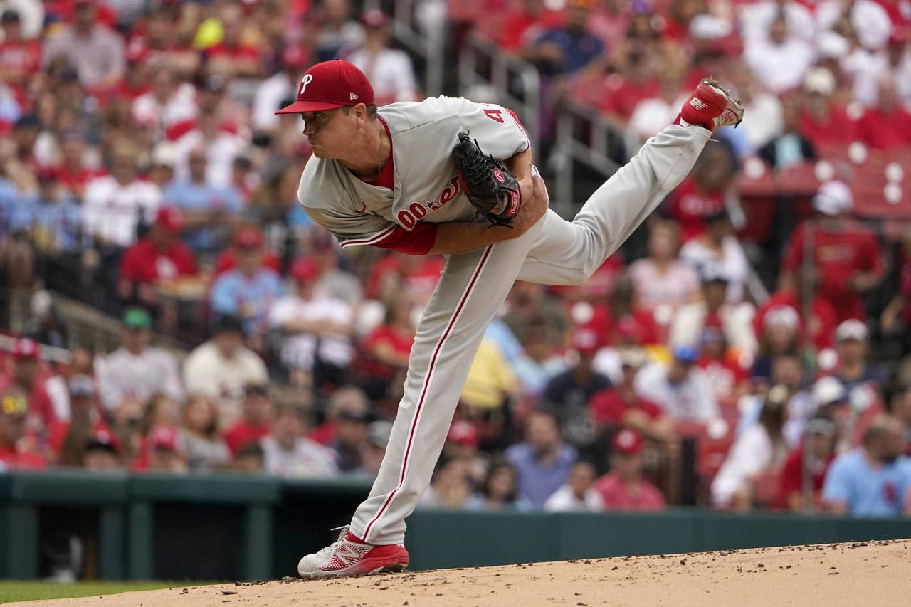 Philadelphia Phillies starting pitcher Kyle Gibson throws during the first inning of a baseball gam...