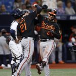 
              Baltimore Orioles third baseman Ramon Urias, right, celebrates with Austin Hays after hitting a two-run home run against the Tampa Bay Rays during the eighth inning of a baseball game Friday, July 15, 2022, in St. Petersburg, Fla. (AP Photo/Scott Audette)
            