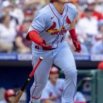 
              St. Louis Cardinals' Nolan Gorman (16) watches the ball after hitting a home run during the first inning of a baseball game against the Philadelphia Phillies, Saturday, July 2, 2022, in Philadelphia. (AP Photo/Laurence Kesterson)
            