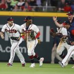
              tlanta Braves outfielders Adam Duvall, Ronald Acuña and Michael Harris, from left, are pursued by the Braves' bullpen pitchers after the team's 7-1 win over the St. Louis Cardinals in a baseball game Tuesday, July 5, 2022, in Atlanta. (Curtis Compton/Atlanta Journal-Constitution via AP)
            