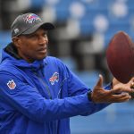 
              FILE - Buffalo Bills defensive assistant Leslie Frazier catches a ball before an NFL football game against the Houston Texans, Sunday, Oct. 3, 2021, in Orchard Park, N.Y. Leslie Frazier expected another opportunity to be a head coach in the NFL after a three-year-plus stint in Minnesota from 2010-13. Frazier, the Buffalo Bills’ 63-year-old defensive coordinator, is still waiting for that second chance while doing his best to help young coaches advance their careers. (AP Photo/Adrian Kraus, File)
            