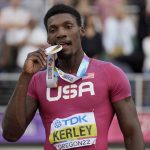
              Fred Kerley, of the United States, celebrates after wining the final in the men's 100-meter run at the World Athletics Championships on Saturday, July 16, 2022, in Eugene, Ore. (AP Photo/Charlie Riedel)
            