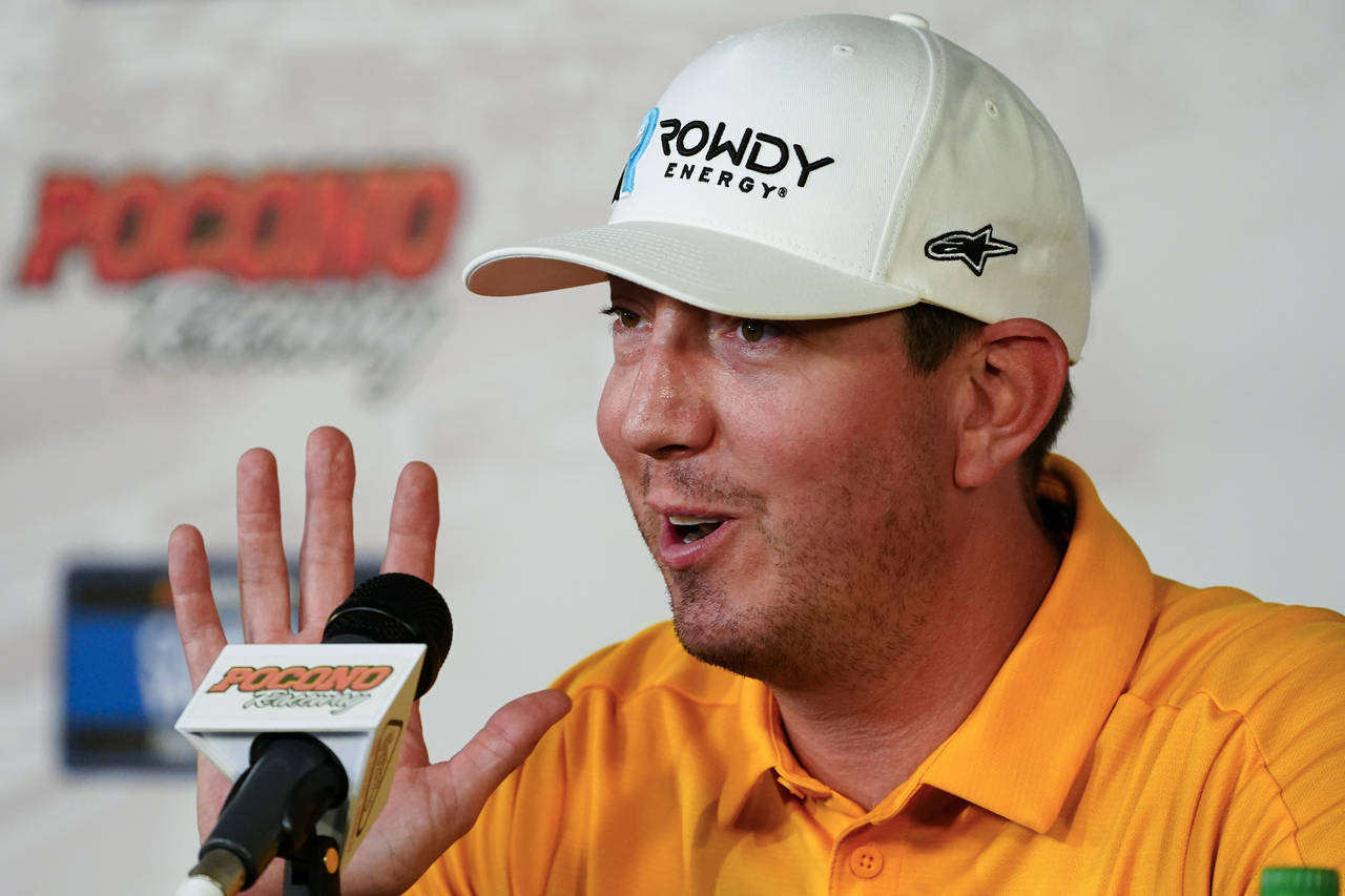 NASCAR Cup Series driver Kyle Busch answers questions at a news conference between series races and...