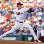 
              Philadelphia Phillies starting pitcher Kyle Gibson throws during the first inning of the team's baseball game against the Chicago Cubs, Friday, July 22, 2022, in Philadelphia. (AP Photo/Laurence Kesterson)
            
