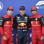
              Red Bull driver Max Verstappen of the Netherlands, center, poses with \second placed Ferrari driver Charles Leclerc of Monaco, left, and third placed Ferrari driver Carlos Sainz of Spain after he clocked the fastest time during the qualifying session at the Red Bull Ring racetrack in Spielberg, Austria, Friday, July 8, 2022. The Austrian F1 Grand Prix will be held on Sunday July 10, 2022. (Christian Bruna/Pool via AP)
            