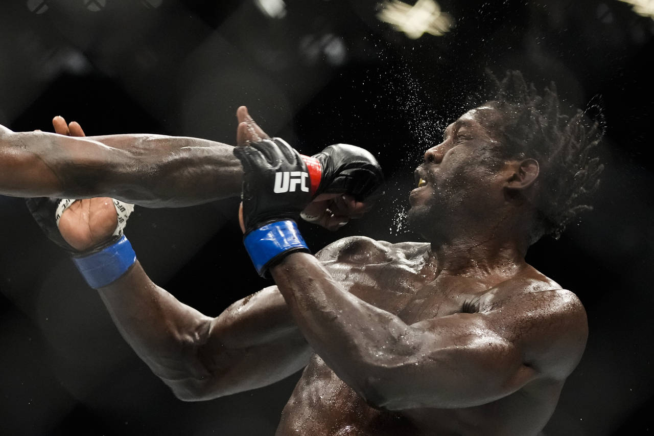 Jared Cannonier is hit by Israel Adesanya in a middleweight title bout during the UFC 276 mixed mar...