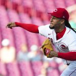 
              Cincinnati Reds starting pitcher Luis Castillo throws during the first inning of the team's baseball game against the Miami Marlins Wednesday, July 27, 2022, in Cincinnati. (AP Photo/Jeff Dean)
            