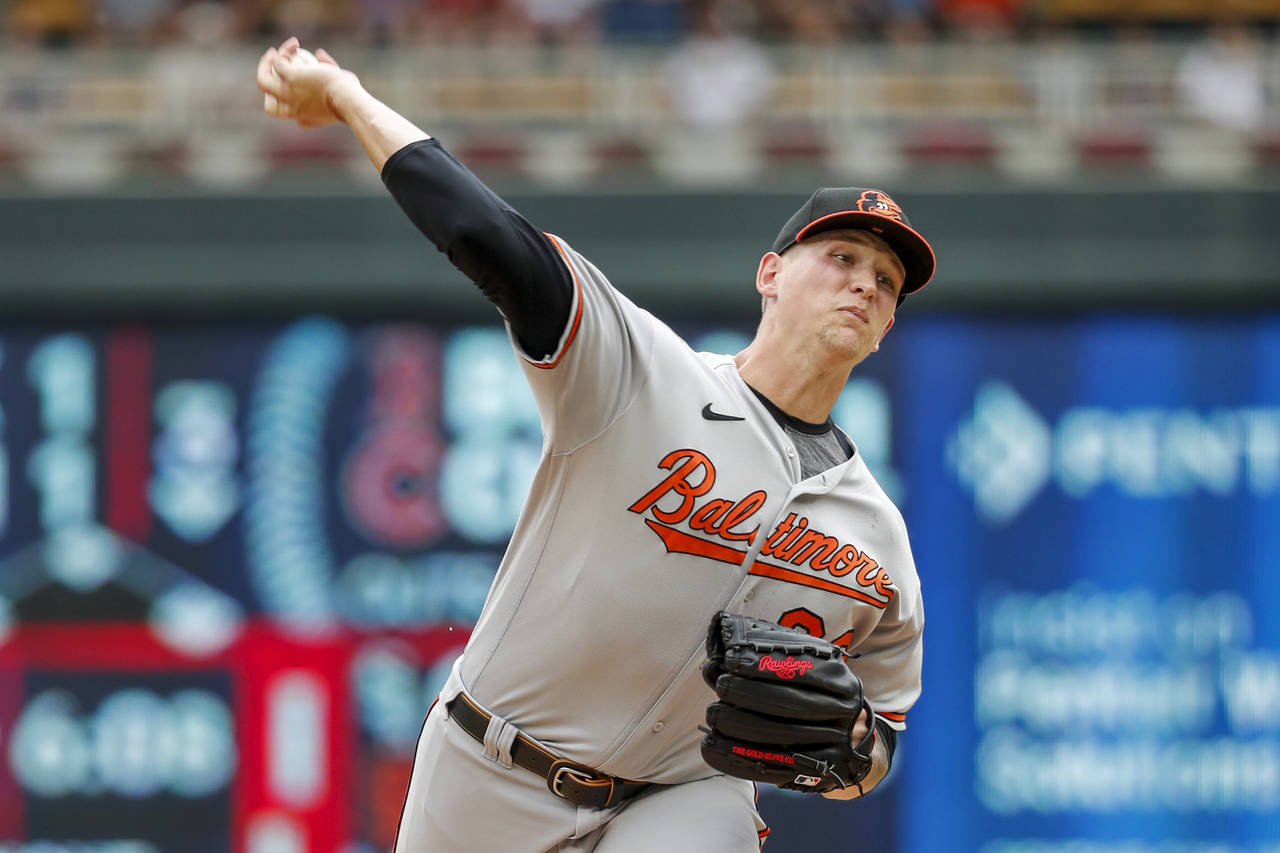Baltimore Orioles starting pitcher Tyler Wells throws to the Minnesota Twins in the second inning o...