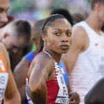 
              Allyson Felix, of the United States, prepares to run the final 4x400 meters mixed relay at the World Athletics Championships Friday, July 15, 2022, in Eugene, Ore. (AP Photo/David J. Phillip)
            