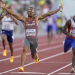 
              Andre De Grasse, of Canada, wins the final in the men's 4x100-meter relay at the World Athletics Championships on Saturday, July 23, 2022, in Eugene, Ore. (AP Photo/Ashley Landis)
            
