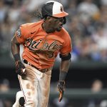 
              Baltimore Orioles' Jorge Mateo runs to first with an RBI single against the New York Yankees during the seventh inning of a baseball game Saturday, July 23, 2022, in Baltimore. The Orioles won 6-3. (AP Photo/Gail Burton)
            