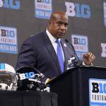 
              Big Ten Commissioner Kevin Warren talks to reporters during an NCAA college football news conference at the Big Ten Conference media days, at Lucas Oil Stadium, Tuesday, July 26, 2022, in Indianapolis. (AP Photo/Darron Cummings)
            