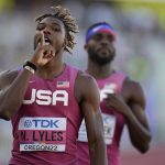 
              Noah Lyles, of the United States, wins a heat during the men's 200-meter semifinal run at the World Athletics Championships on Tuesday, July 19, 2022, in Eugene, Ore. (AP Photo/Ashley Landis)
            