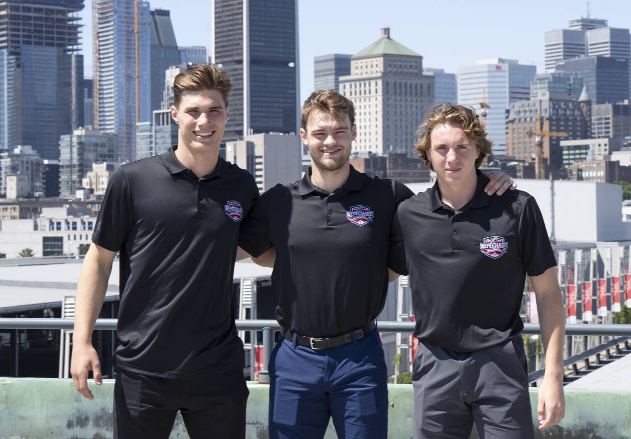 Juraj Slafkovsky, left, Shane Wright, center, and Logan Cooley, right, pose at the NHL Draft top ho...